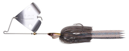 The Megabass Jamaica Boa Buzz Bait by Megabass features a metal blade on a wire frame, a fish-shaped head, and a glittery HIRAMEN Skirt made of striped plastic strands to attract fish.