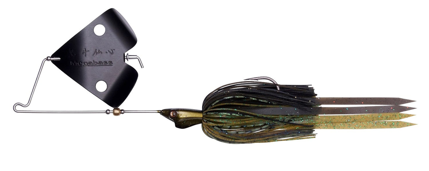 The Megabass Jamaica Boa Buzz Bait is a black and green fishing lure by Megabass, featuring a metal blade, wire frame, and glittery HIRAMEN Skirt tail to attract fish.