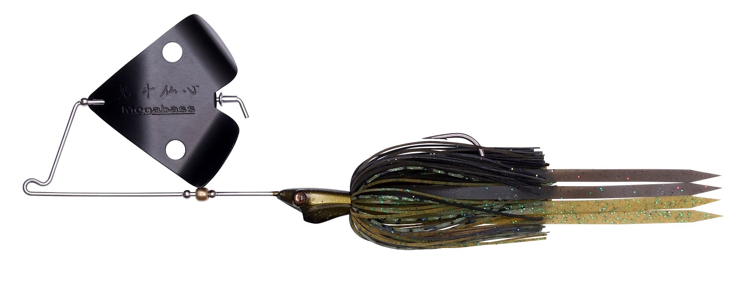 The Megabass Jamaica Boa Buzz Bait is a black and green fishing lure by Megabass, featuring a metal blade, wire frame, and glittery HIRAMEN Skirt tail to attract fish.