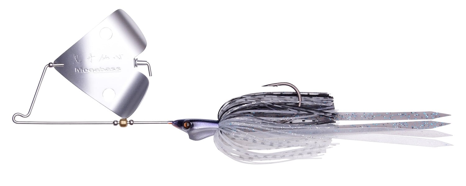 The Megabass Jamaica Boa Buzz Bait by Megabass is a silver and white fishing lure with a metal blade, wire frame, HIRAMEN skirted tail of shimmering strands, and a sharp hook—perfect for attracting fish.