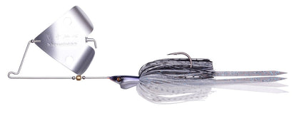The Megabass Jamaica Boa Buzz Bait by Megabass is a silver and white fishing lure with a metal blade, wire frame, HIRAMEN skirted tail of shimmering strands, and a sharp hook—perfect for attracting fish.