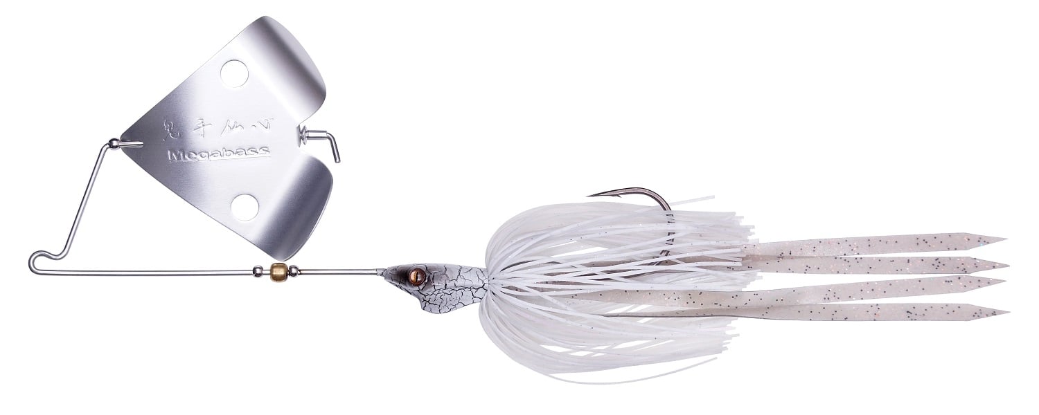 The Megabass Jamaica Boa Buzz Bait is a white fishing lure with a metal Megabass-stamped blade, hook, and authentic HIRAMEN Skirt designed to mimic baitfish with skirted rubber strands.