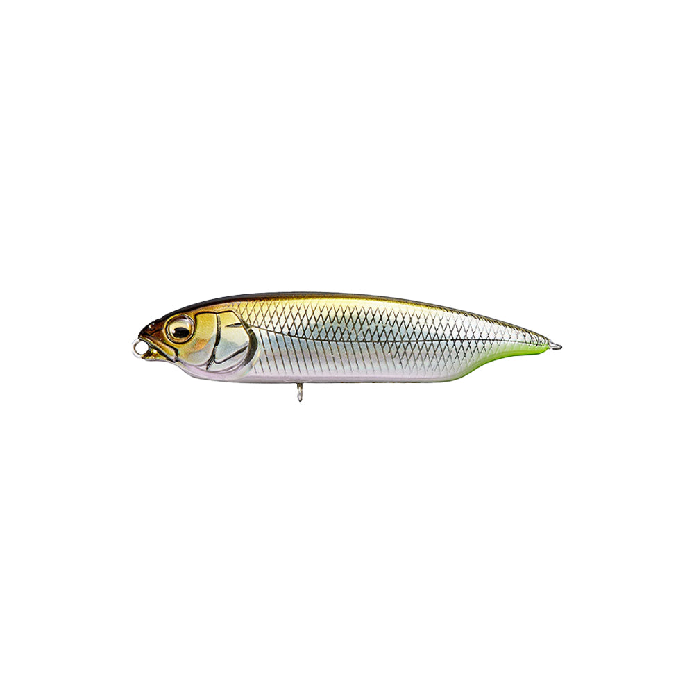 The Megabass Karashi by Megabass is a realistic, slow-sinking fish-shaped lure with a shiny gold-green metallic finish, black scale pattern, and mouth ring for attachment—crafted for lifelike action.