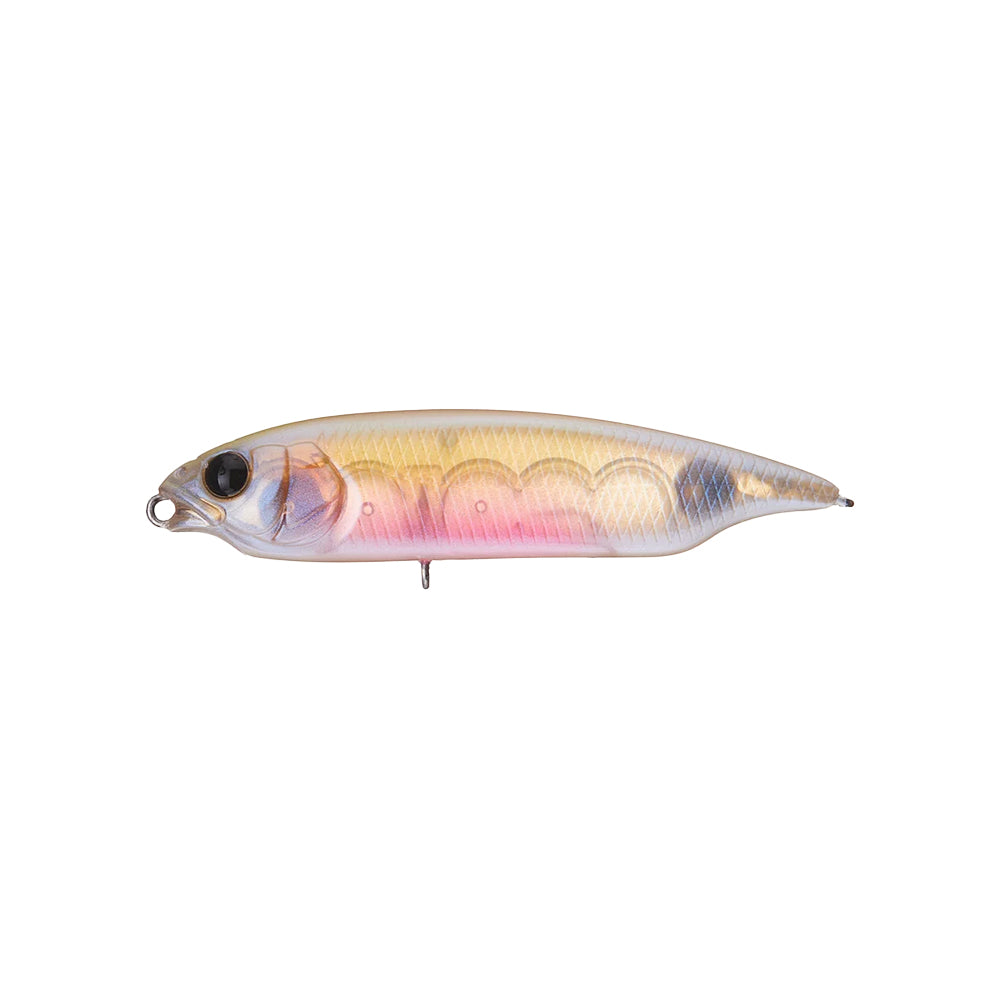 The Megabass Karashi by Megabass is a realistic, bite-sized lure with a fish-like design, metallic yellow and pink colors, a large black eye, and an underside hook for irresistible darting action.