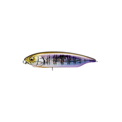 The Megabass Karashi by Megabass is a detailed, realistic fishing lure with a gold head, silver body, and purple and black scale pattern. This slow sinking lure resembles a small fish and is shown on a plain white background.