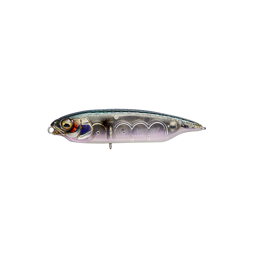 The Megabass Karashi by Megabass is a realistic, fish-shaped slow sinking lure with a metallic finish, lifelike eyes, detailed scale patterns, and a silver body featuring black and purple shades to mimic small baitfish.