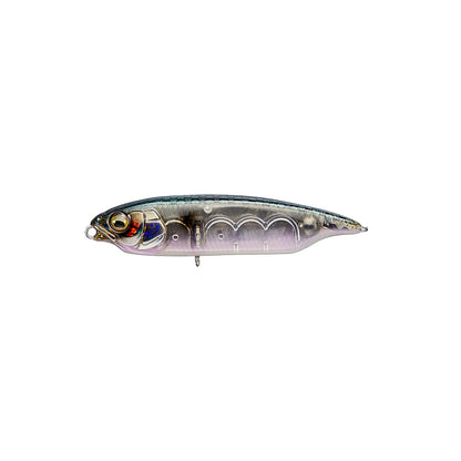 The Megabass Karashi by Megabass is a realistic, fish-shaped slow sinking lure with a metallic finish, lifelike eyes, detailed scale patterns, and a silver body featuring black and purple shades to mimic small baitfish.