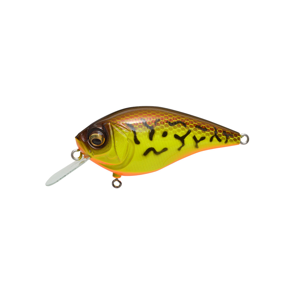 The Megabass Knuckle LD Crankbait by Megabass features a yellow-green body, orange underside, black markings, internal weight balancer, silver lip, and realistic eye—expertly crafted to mimic a small fish.