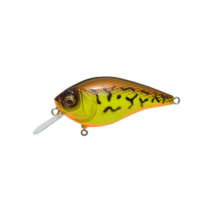The Megabass Knuckle LD Crankbait by Megabass features a yellow-green body, orange underside, black markings, internal weight balancer, silver lip, and realistic eye—expertly crafted to mimic a small fish.