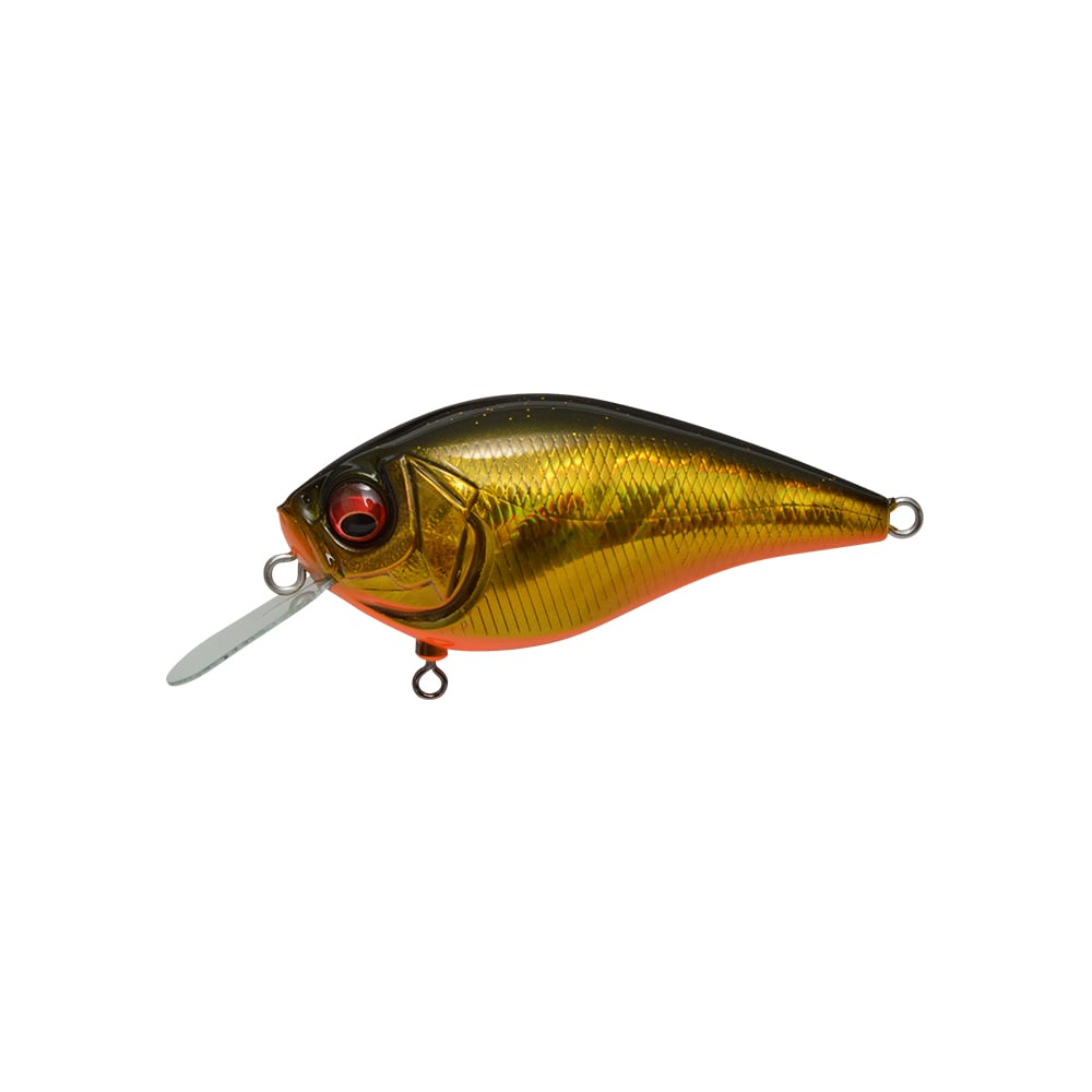 The Megabass Knuckle LD Crankbait by Megabass is a gold and orange lure with a shiny, textured body, small red eye, internal weight balancer, and clear plastic lip, shown against a white background.