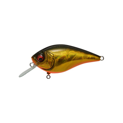 The Megabass Knuckle LD Crankbait by Megabass is a gold and orange lure with a shiny, textured body, small red eye, internal weight balancer, and clear plastic lip, shown against a white background.