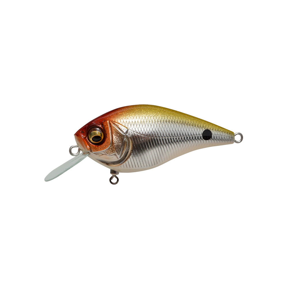 The Megabass Knuckle LD Crankbait by Megabass is a fish-shaped lure with a shiny silver body, red and gold accents near the head, a black tail spot, and an internal weight balancer for high-pitch action.