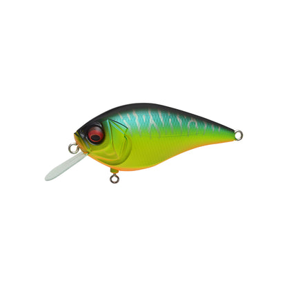 The Megabass Knuckle LD Crankbait by Megabass features a vibrant green and yellow fish-shaped body, red eye, orange underside, internal weight balancer, and clear plastic lip for diving.