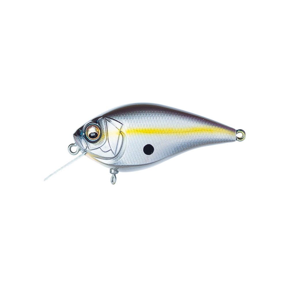 The Megabass Knuckle LD Crankbait by Megabass is a silver and yellow lure with a lifelike fish design, black center dot, metal loops at mouth and tail for attachment, and an internal weight balancer for enhanced stability.