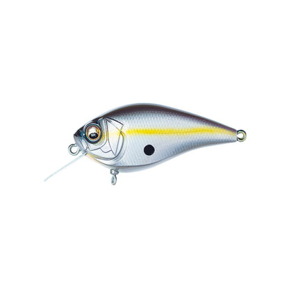 The Megabass Knuckle LD Crankbait by Megabass is a silver and yellow lure with a lifelike fish design, black center dot, metal loops at mouth and tail for attachment, and an internal weight balancer for enhanced stability.