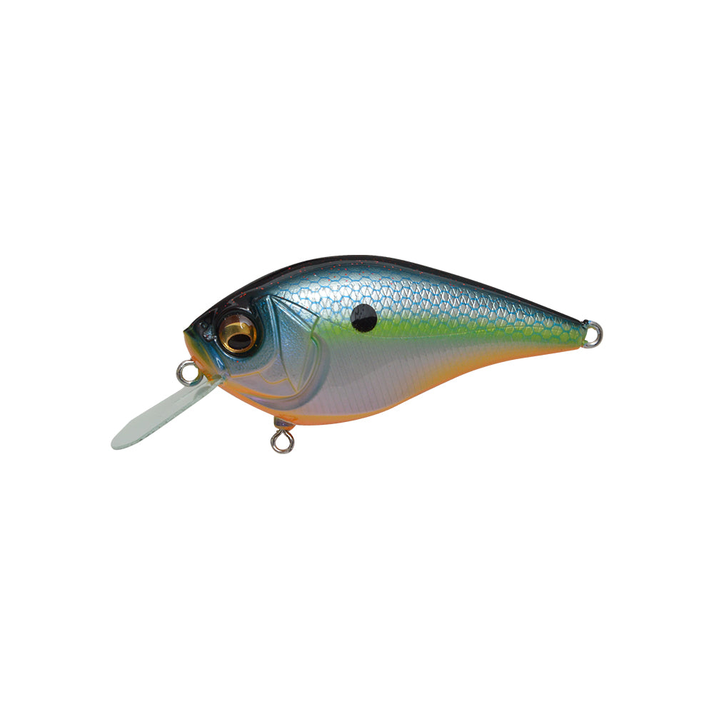 The Megabass Knuckle LD Crankbait by Megabass is a metallic blue and silver lure with a black gill spot, orange belly, clear plastic lip, and internal weight balancer for better casting, displayed on a white background.