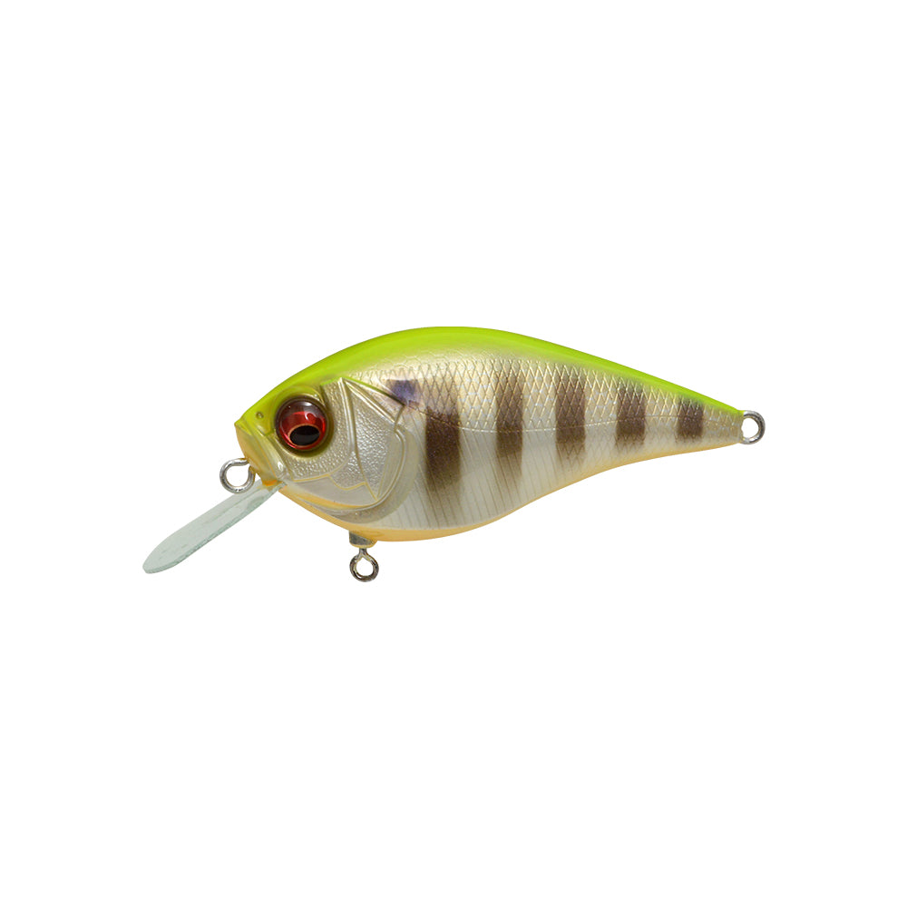 The Megabass Knuckle LD Crankbait by Megabass is shaped like a small fish with a shiny, striped body, red eye, translucent bill, green top, and white underbelly, delivering high-pitch action for increased attraction.