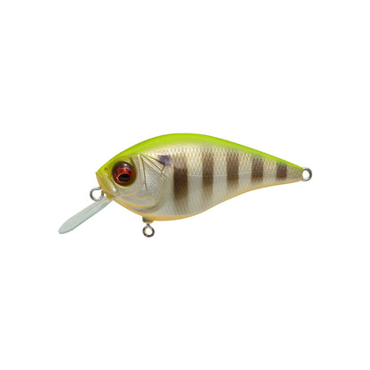 The Megabass Knuckle LD Crankbait by Megabass is shaped like a small fish with a shiny, striped body, red eye, translucent bill, green top, and white underbelly, delivering high-pitch action for increased attraction.