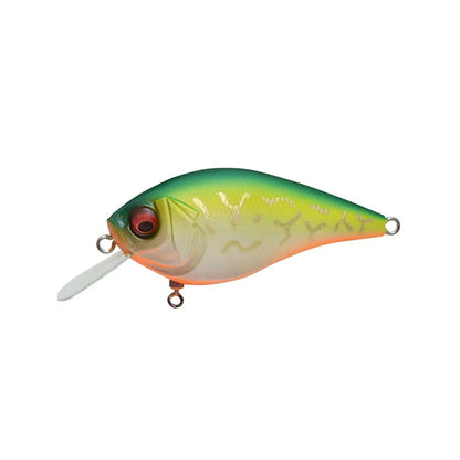 The Megabass Knuckle LD Crankbait by Megabass features a green top, yellow sides, orange belly, red eye, and clear plastic diving lip, plus an internal weight balancer for high-pitch action. Shown against a white background.
