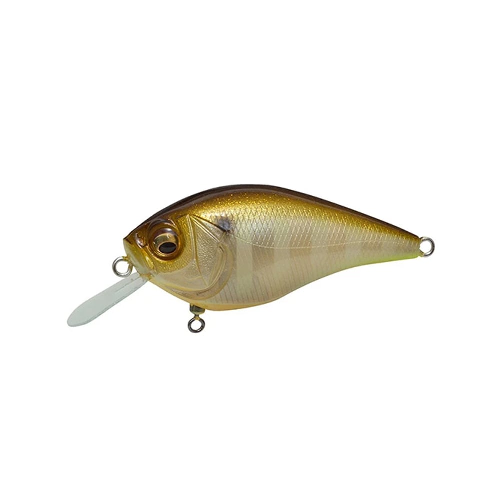 The Megabass Knuckle LD Crankbait from Megabass features a gold and translucent body, clear plastic lip, internal weight balancer, metal hook rings, and realistic scales for high-pitch action that attracts more fish.
