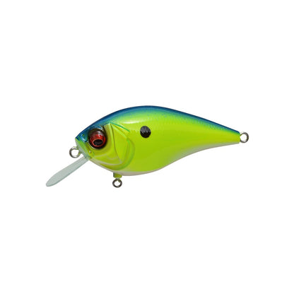 The Megabass Knuckle LD Crankbait by Megabass features a blue top, green-yellow body, red eyes, a translucent bill, and an internal weight balancer for stable swimming—designed to mimic a small fish.