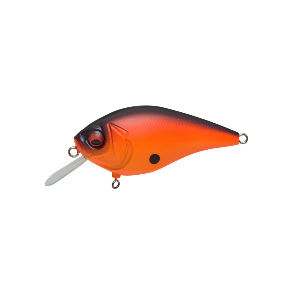 The Megabass Knuckle LD Crankbait by Megabass features a red and black body with a silver lip, round black tail dot, metal loops for line/hooks, and an internal weight balancer for high-pitch action. Shown on a white background.