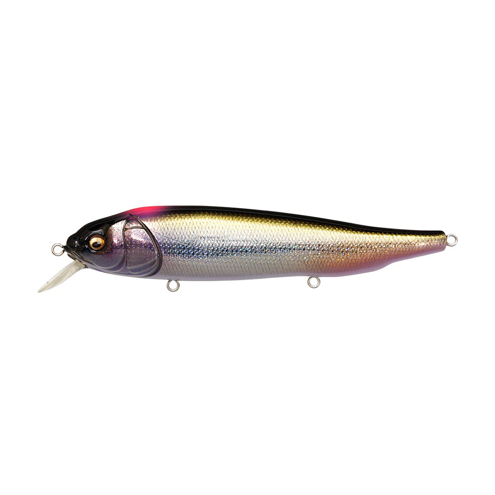 The Megabass Lates Feeding Woofer, by Megabass, is a fish-shaped lure for topwater fishing. It has a metallic sheen with vibrant purple to gold gradient colors, a small front fin, and three attachment loops on the top and front for line attachment.