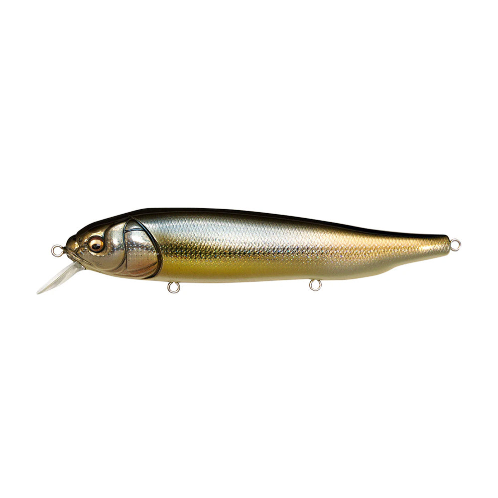 The Megabass Lates Feeding Woofer is a realistic fish-shaped roller bait with a metallic gold and silver body, translucent plastic lip, and small hooks on its underside and at both ends, ideal for topwater fishing.