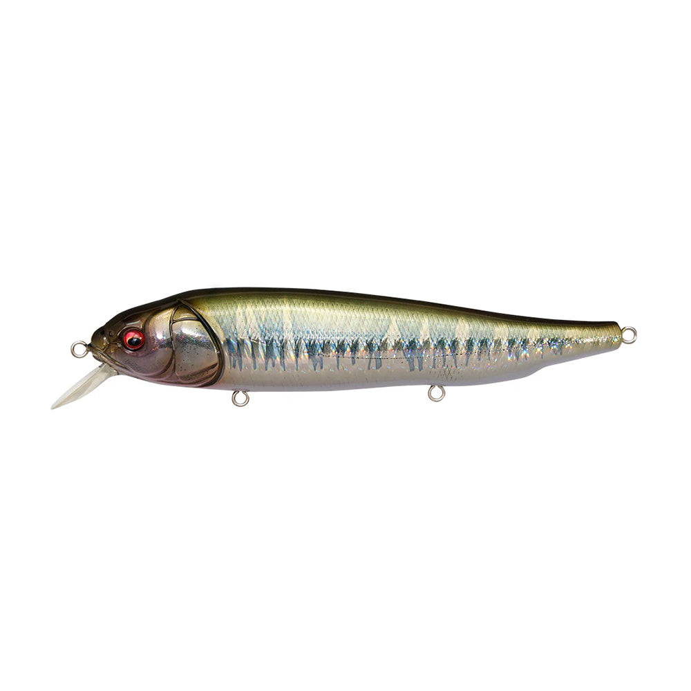 The Megabass Lates Feeding Woofer is a surface minnow lure that expertly mimics a small fish with a metallic body, reflective finish, red eye, and blue-striped detailing. Its clear plastic lip enhances topwater fishing action.