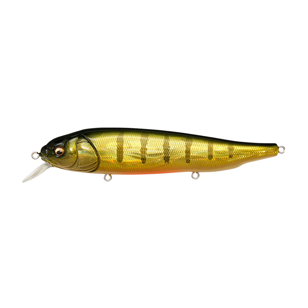 The Megabass Lates Feeding Woofer, from Megabass, is a realistic surface minnow lure with green and yellow shades, a silver underbelly, orange accents, detailed scales, a clear plastic lip, and three attachment loops—ideal for topwater fishing adventures.