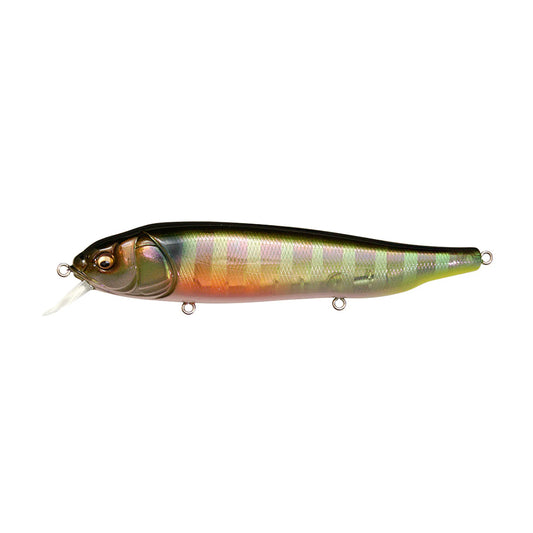 The Megabass Lates Feeding Woofer by Megabass is a realistic surface minnow fishing lure with a shiny, multicolored finish in green, orange, and black. It features a streamlined body, detailed scales, and three metal loops for hooks and line—perfect for topwater fishing adventures.