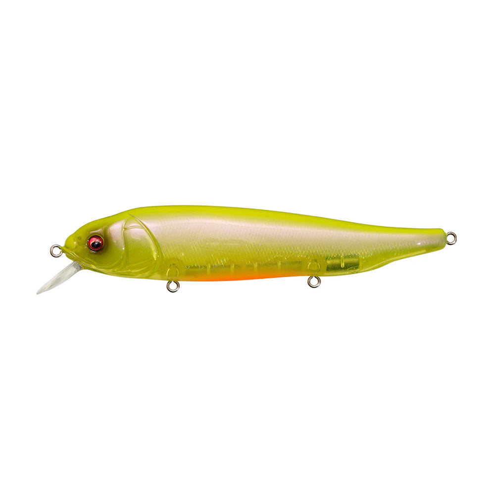 The Megabass Lates Feeding Woofer is a topwater surface minnow fishing lure with a translucent green-to-yellow gradient body, clear lip, vivid red eyes, and three attachment rings along its sleek form.