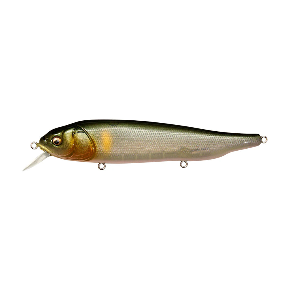 The Megabass Lates Feeding Woofer by Megabass is a realistic fish-shaped topwater lure with a metallic green body and white underbelly. It features a small top fin, pointed mouthpiece, and three metal loops for hooks or line, perfectly mimicking the allure of a surface minnow.