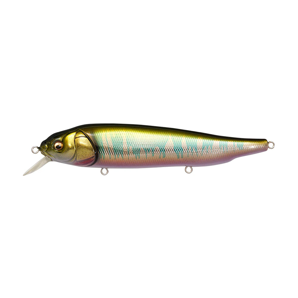 The Megabass Lates Feeding Woofer is a shiny, multicolored fishing lure featuring a reflective gold and green body, a small fin-like lip for topwater fishing, and three attachment loops. It's designed to mimic a surface minnow.