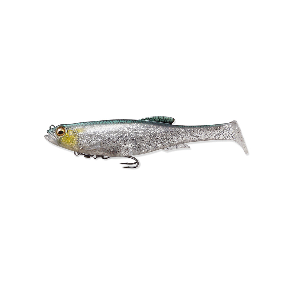 Meet the Megabass Magdraft Swimbait 5in, a silver-green, fish-like lure with a textured body for head-shaking action. It features a single treble hook and the innovative MAG-HOLD System for an enhanced and realistic fishing experience.