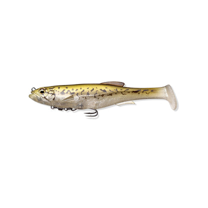 The Megabass Magdraft Swimbait 5in, by Megabass, resembles a small fish with a yellowish body, dark back, and spotted sides. It features a curved tail fin and head-shaking action, with the MAG-HOLD System securing its single hook underneath.