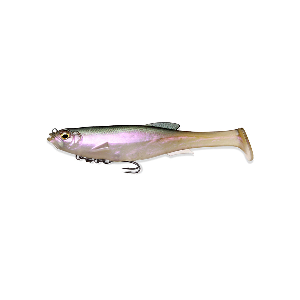 The Megabass Magdraft Swimbait 5in showcases a fish-like design with a green top, shiny pink sides, and a light belly. Its MAG-HOLD System enhances the lifelike head-shaking action, resembling a small baitfish with an attached hook below.