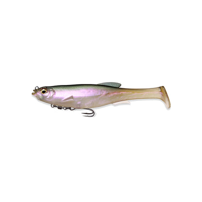 The Megabass Magdraft Swimbait 5in showcases a fish-like design with a green top, shiny pink sides, and a light belly. Its MAG-HOLD System enhances the lifelike head-shaking action, resembling a small baitfish with an attached hook below.