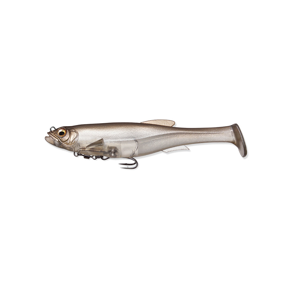 The Megabass Magdraft Swimbait 5in in gray and silver features a fish shape, detailed eyes and fins, a hook beneath, and a paddle tail for lifelike movement. Its MAG-HOLD System ensures secure placement. The lure is showcased on a plain white background.