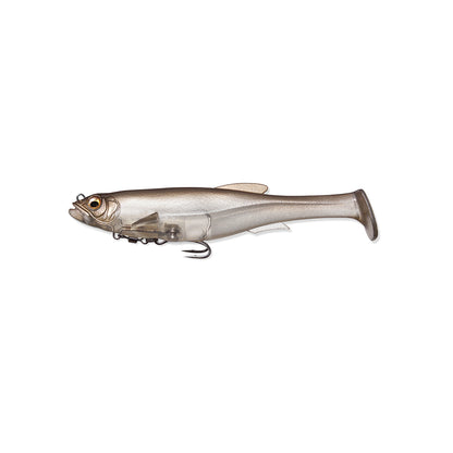 The Megabass Magdraft Swimbait 5in in gray and silver features a fish shape, detailed eyes and fins, a hook beneath, and a paddle tail for lifelike movement. Its MAG-HOLD System ensures secure placement. The lure is showcased on a plain white background.