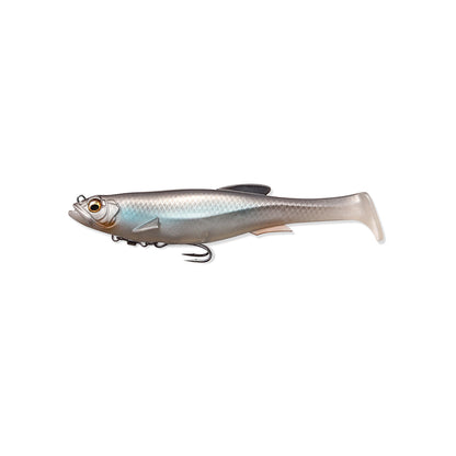 The Megabass Magdraft Swimbait 5in is a lifelike fish-shaped lure with a silver body, blue iridescence, and black fin. It features a detailed eye and sharp treble hook secured by the MAG-HOLD System for enticing head-shaking action, displayed on a white background to attract your next catch.