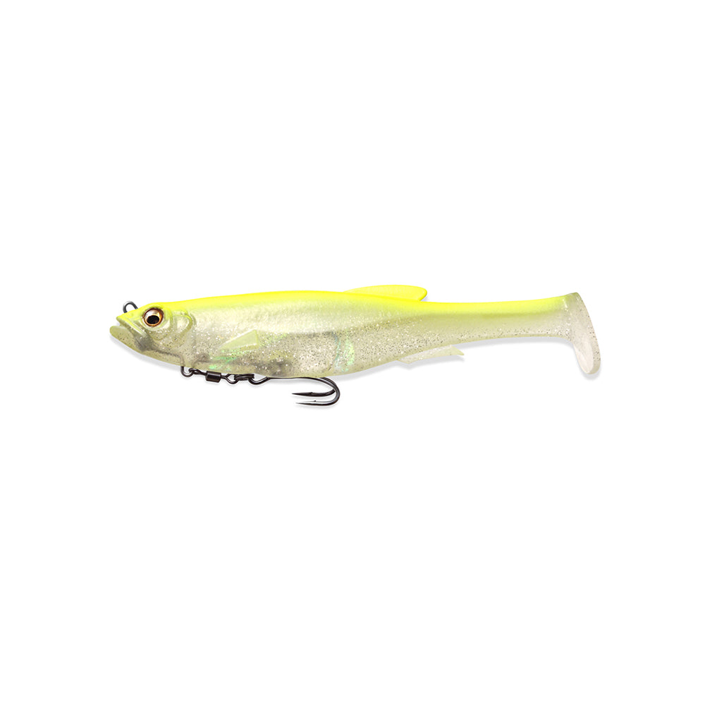 The Megabass Magdraft Swimbait 5in is a plastic lure that mimics a small fish with a yellow-to-white gradient body, realistic details, fins, and eyes. It features the MAG-HOLD System for optimal performance and includes a single hook below the body.