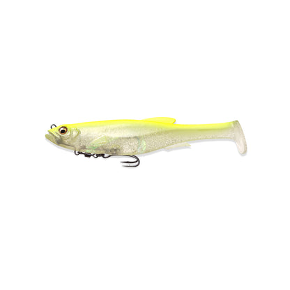 The Megabass Magdraft Swimbait 5in is a plastic lure that mimics a small fish with a yellow-to-white gradient body, realistic details, fins, and eyes. It features the MAG-HOLD System for optimal performance and includes a single hook below the body.