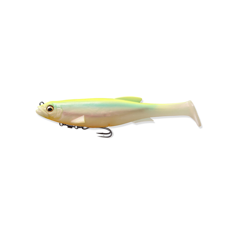 Introducing the Megabass Magdraft Swimbait 5in, a lifelike lure for bass fishing with green, yellow, and white hues. It features the MAG-HOLD System and an embedded hook for irresistible head-shaking action.