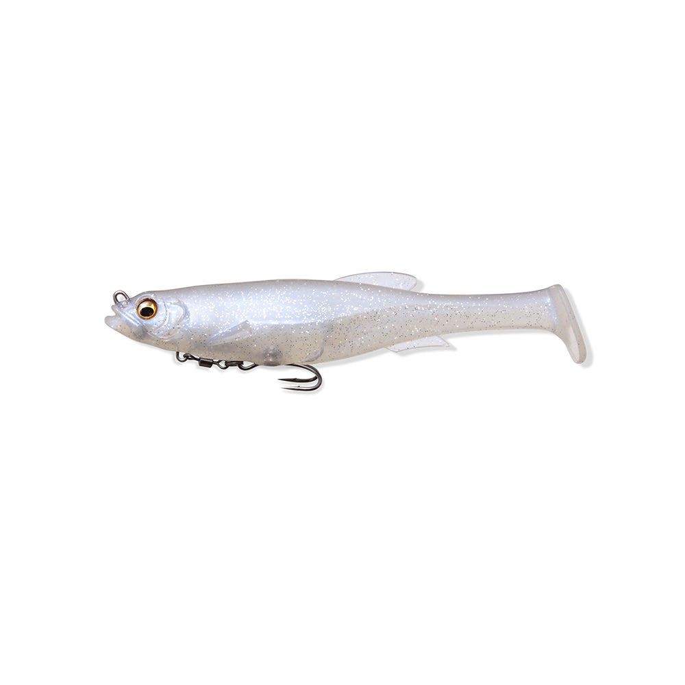 The Megabass Magdraft Swimbait 5in, from the brand Megabass, is a fish-shaped realistic lure with a glossy silver finish and subtle sparkles. It features head-shaking action, detailed fins and eyes, and has a single hook under its belly against a white background.