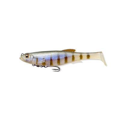 The Megabass Magdraft Swimbait 5in is a realistic, multi-colored lure resembling a small fish. It features the innovative MAG-HOLD System, a head-shaking action, stripes, and smooth finish with an exposed treble hook underneath.