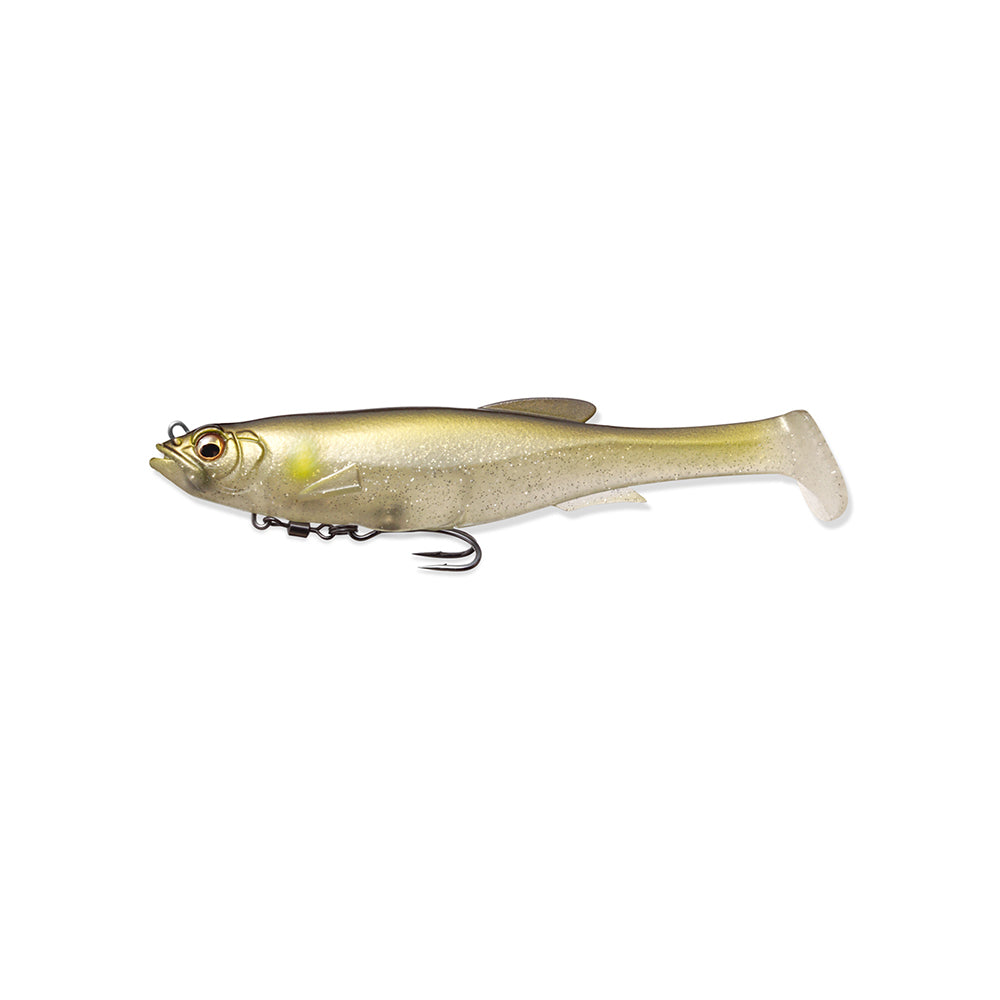 The Megabass Magdraft Swimbait 5in by Megabass is a fish-shaped lure with a shiny beige-green body, MAG-HOLD System, soft tail for action, embedded hook, detailed eye, and textured surface to mimic baitfish.