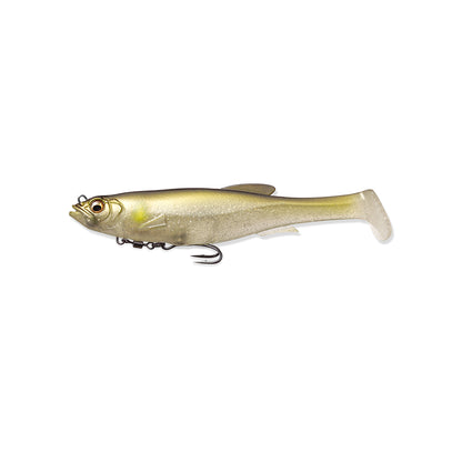The Megabass Magdraft Swimbait 5in by Megabass is a fish-shaped lure with a shiny beige-green body, MAG-HOLD System, soft tail for action, embedded hook, detailed eye, and textured surface to mimic baitfish.
