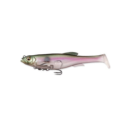 The Megabass Magdraft Swimbait 5in features realistic metallic green, pink, and silver shades with detailed scales and fins. Its fish-shaped design includes head-shaking action and a bottom hook, all set against a plain white background.