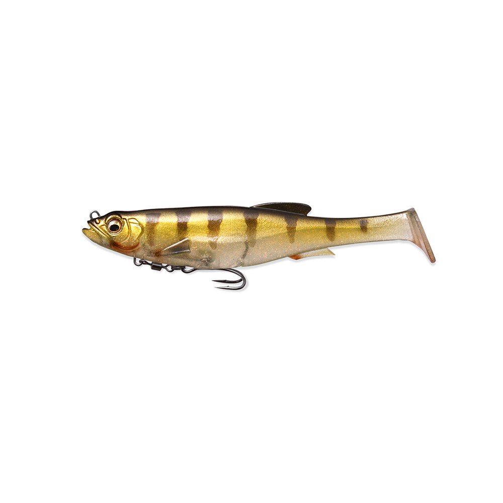 The Megabass Magdraft Swimbait 5in, by Megabass, has a metallic gold and silver body with brown stripes, detailed eyes, and a bottom hook. It's designed to mimic head-shaking action for an irresistible catch.